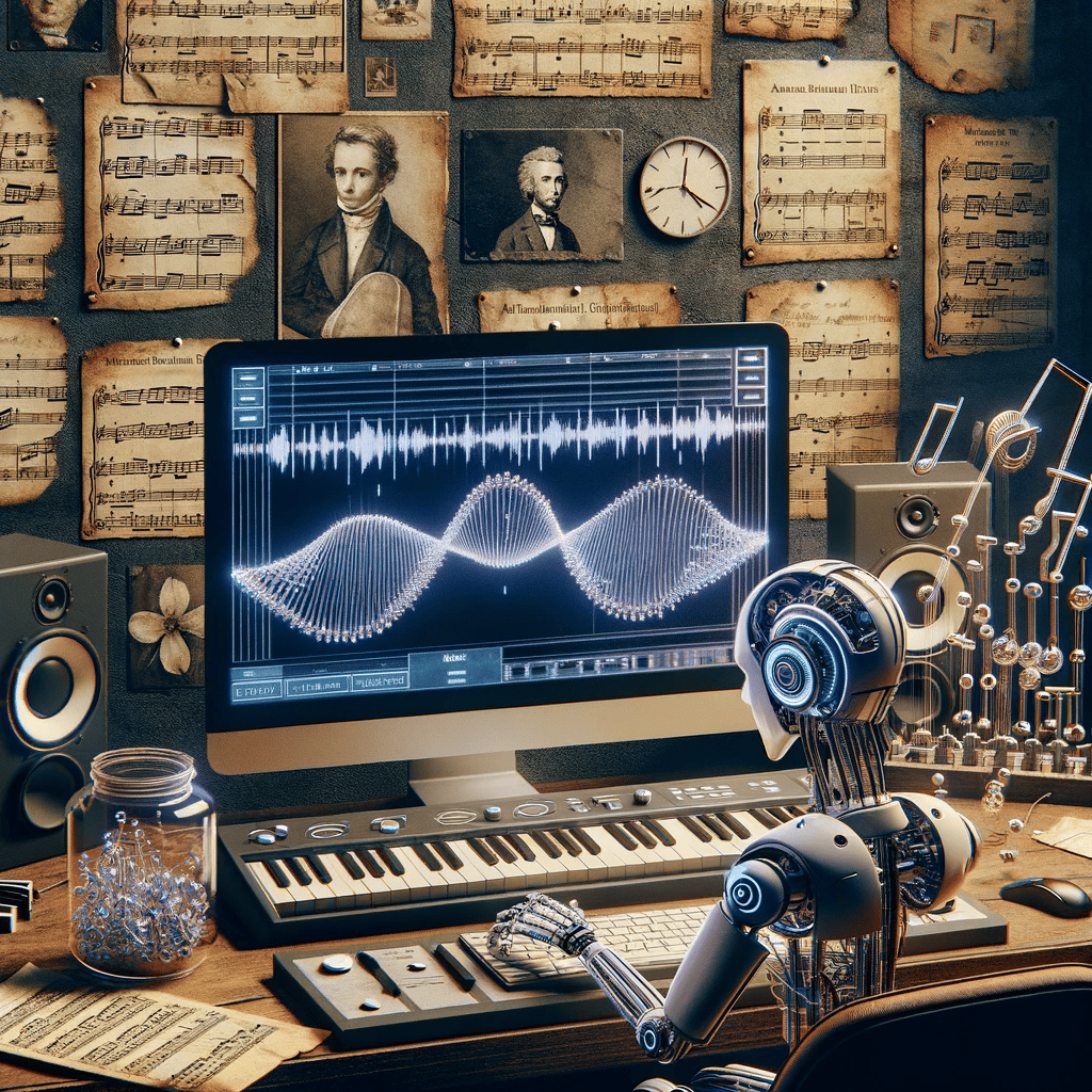 photorealistic image visualizing the criticism of AI in music composition regarding originality. The scene should depict a modern AI music st